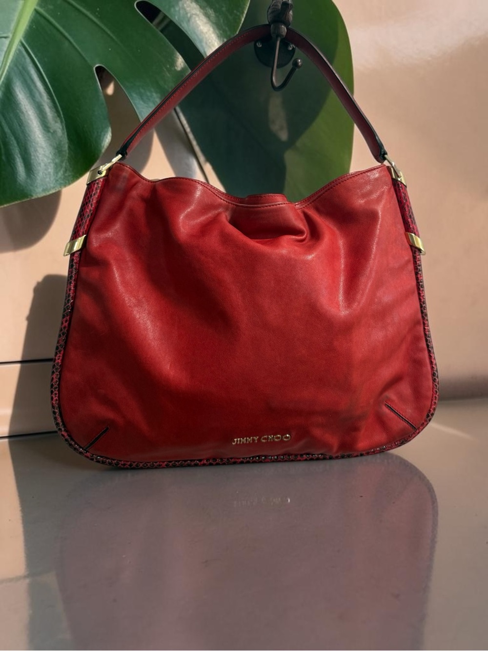 Jimmy Choo Solar Hobo Red Leather Exotic Snakeskin Trim Made Italy